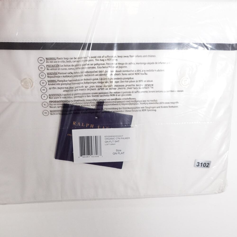 New Ralph Lauren Organic Cotton Percale Palmer Queen Flat Sheet White/Loft Gray